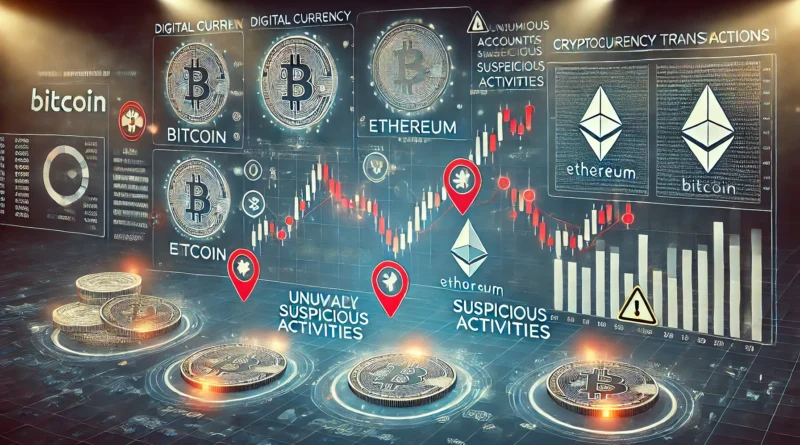 une illustration d'un écran de transaction de cryptomonnaie avec des éléments graphiques montrant des interactions suspectes entre comptes.